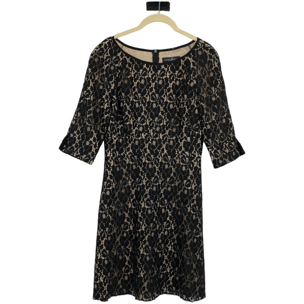 Guess by Marciano Black & Nude Floral Lace overlay half sleeve Midi Dress 6